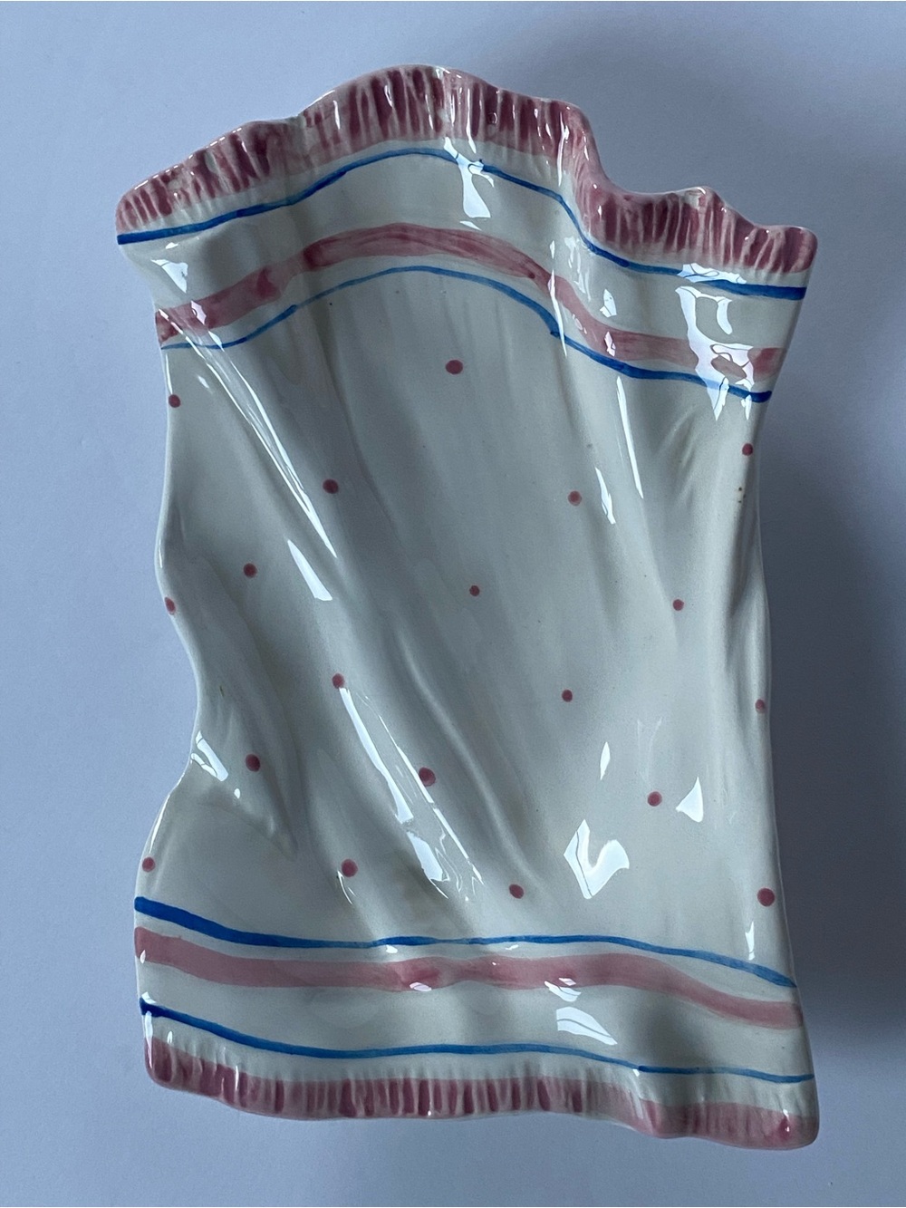 Vintage Trinket or Soap Dish Italy Towel Blanket Shape Ceramic Hand Painted EUC